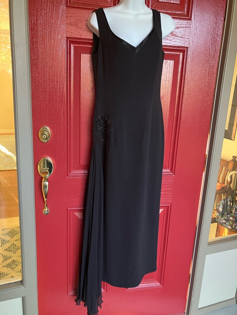 Luisa Spagnoli silk evening gown. Sleeveless, beaded, pleated side train